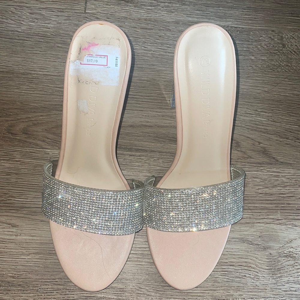 Open toe nude rhinestone heels